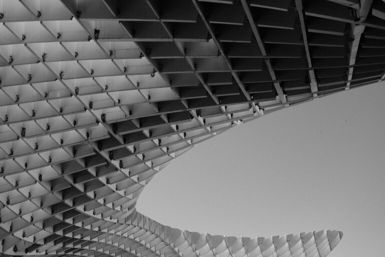 Captivating black and white view of the geometric structure of the Metropol Parasol in Seville, Spain.
